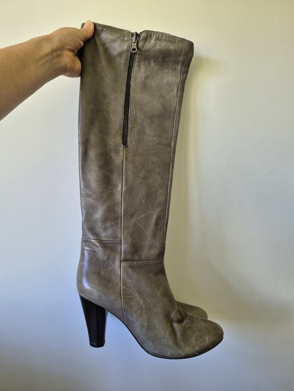 Miz Mooz Gayle Grey Leather Tall Heeled Boots Size 9